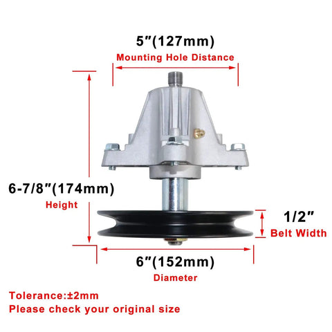 Diagram of Spindle Assembly Replacement for Cub Cadet MTD Lawn Mower Decks 42 Inch and 30 Inch showing measurements and details.