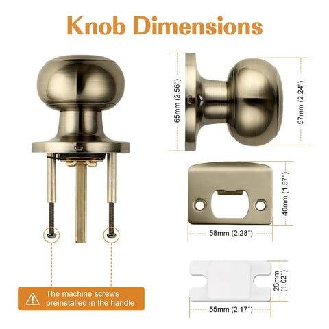 Antique Brass Interior Door Knob Set For Hallways And Closets Non Locking Passage Knobs With Round Ball Handles DIY Friendly, Easy Install, Adjustable Latch To Fit Standard Doors, 6 Pack, dimensions diagram