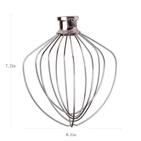Six Quart Wire Whip Stainless Steel Stand Mixer Accessory Replacement with rustproof burnished finish, dimensions shown.