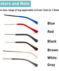 Side view of Grippy Anti Slip Silicone Eyeglass End Tips 8 Pairs Replacement Temple Tips in multiple colors showcasing fit on thin metal frames.