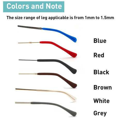 Side view of Grippy Anti Slip Silicone Eyeglass End Tips 8 Pairs Replacement Temple Tips in multiple colors showcasing fit on thin metal frames.