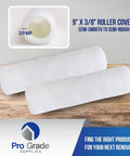 Ultimate White Nylon Paint Roller Covers For Smooth Walls Nine Inch Length Three Eighths Inch Nap Durable Washable Five Pack For Flawless Finish On Drywall And Stains, shown on wooden surface