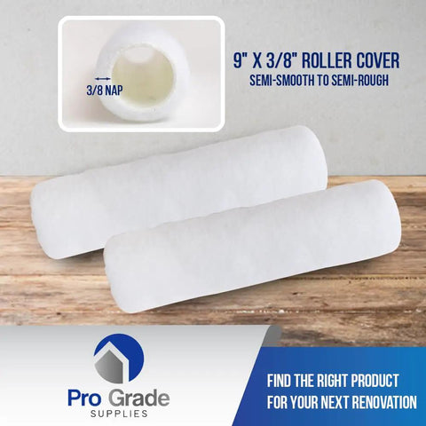 Ultimate White Nylon Paint Roller Covers For Smooth Walls Nine Inch Length Three Eighths Inch Nap Durable Washable Five Pack For Flawless Finish On Drywall And Stains, shown on wooden surface