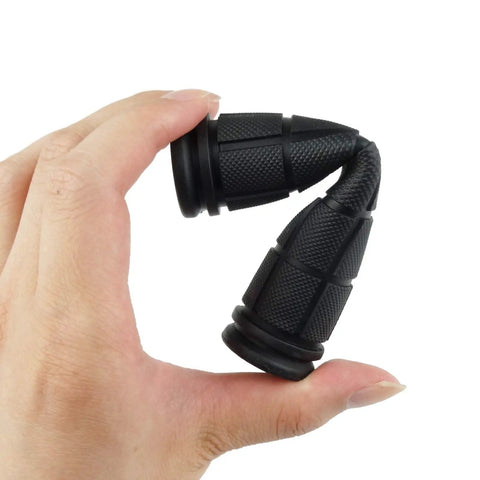 Hand holding black soft rubber grips for 2 Pairs Mushroom Bicycle Handlebar Grips For BMX MTB Road And Mountain Bikes Soft Rubber Comfort 120Mm Length Fits 22Mm Bars Black And Pink Easy Install Upgrade For Cushioned Control.