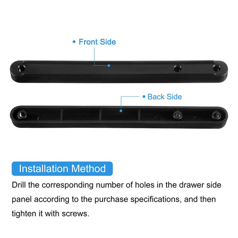 180mm Plastic Drawer Slides Four Pack, side-mounted black plastic rail, front and back views, 180 x 15 x 13 mm