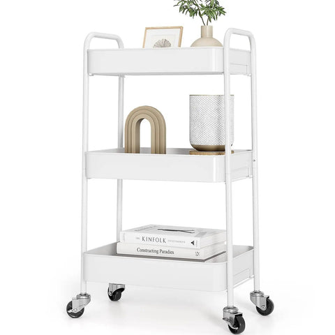 Three Tier Rolling Cart Metal Utility Storage Organizer With Lockable Wheels Space Saving Design Ideal For Kitchen Bathroom Office Nursery Craft Room 33 Lbs Per Shelf Tool Free Assembly In Under Five Minutes White.