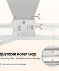 Close-up of adjustable roller gap on manual grain mill with dual hand crank or electric drill mode and heavy-duty carbon steel rollers.