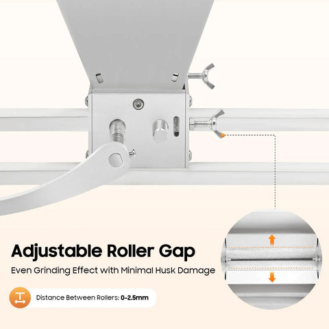 Close-up of adjustable roller gap on manual grain mill with dual hand crank or electric drill mode and heavy-duty carbon steel rollers.