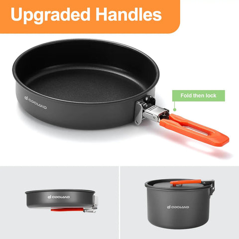 Nonstick Camping Cookware Mess Kit with lightweight fry pan featuring upgraded foldable handles for easy compact storage