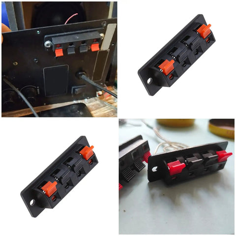 10 Pack 4 Pin Speaker Terminal Blocks With Spring Clips For DIY Audio, shown installed and in side view on a table.