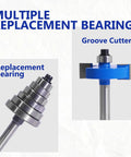 Top Shelf Four Piece Rabbet Router Bit Set With One Quarter Inch Shank and Six Interchangeable Bearing Inserts for Smooth Fine Carpentry Work Heavy Duty Solid Carbide Construction showing replacement bearings and groove cutter.