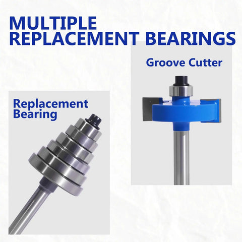 Top Shelf Four Piece Rabbet Router Bit Set With One Quarter Inch Shank and Six Interchangeable Bearing Inserts for Smooth Fine Carpentry Work Heavy Duty Solid Carbide Construction showing replacement bearings and groove cutter.