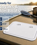 Top Shelf Marine Deck Hatch For Boating And Jon Boats, heavy duty white access door laid on a kayak deck for easy marine storage.