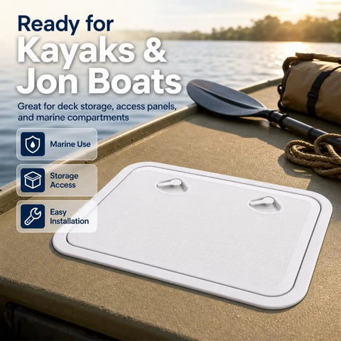 Top Shelf Marine Deck Hatch For Boating And Jon Boats, heavy duty white access door laid on a kayak deck for easy marine storage.