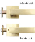 Six Piece Satin Brass Gold Door Handle Set With Passage Levers Without Lock for Interior Doors, outside and inside views.