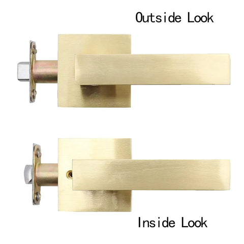 Six Piece Satin Brass Gold Door Handle Set With Passage Levers Without Lock for Interior Doors, outside and inside views.