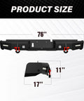 Front view of YZONA 76-inch Ram 1500 rear step bumper, black steel with LED lights and red D-rings.