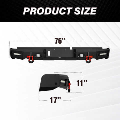 Front view of YZONA 76-inch Ram 1500 rear step bumper, black steel with LED lights and red D-rings.