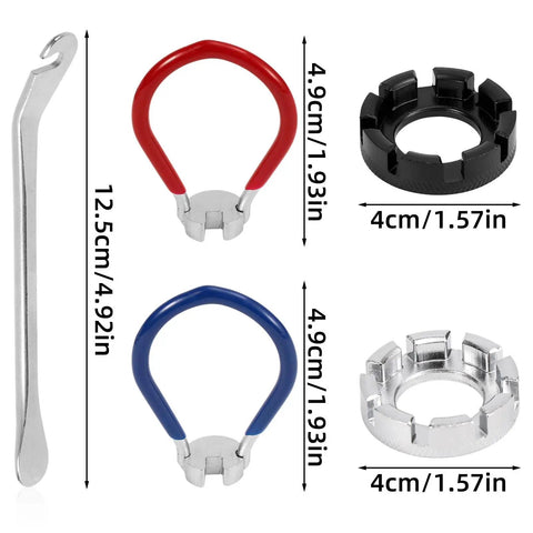 5-Piece Universal Bicycle Spoke Wrench Set With Tire Lever, On The Go Portable Wheel Rim Repair Kit For Cycling, tools shown