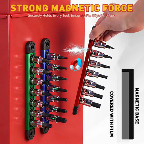 Pro Grade 21-Piece Hex And Torx Socket Set With Magnetic Rail Organizer on red metal surface