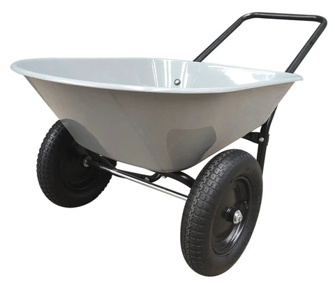 Two Wheel Poly Tray Wheelbarrow With Air Filled Tires, 5 Cubic Foot Rust Proof Tray, 300 Lb Load Capacity, shown in gray and black