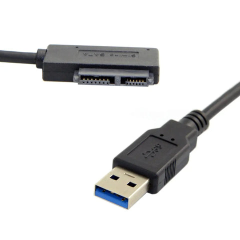 USB 3.0 To Slimline 13pin SATA External Optical Drive Adapter Cable For Laptop CD DVD ROM Plug And Play No External Power Needed Boot From External Drive Works With Laptop Caddies And USB PCs, black cable with USB-A and slimline SATA connectors