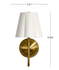 BSFHKLA Cordless Rechargeable Wall Sconce with Scalloped Fabric Shade and Remote, Brass Finish, USB, Dimmable LED Lighting(WhiteVelvet), dimensions shown.