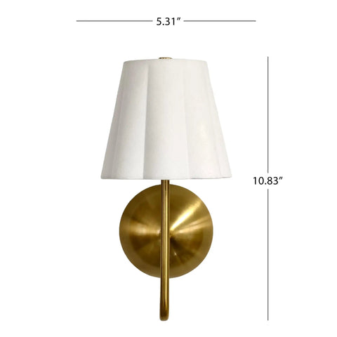 BSFHKLA Cordless Rechargeable Wall Sconce with Scalloped Fabric Shade and Remote, Brass Finish, USB, Dimmable LED Lighting(WhiteVelvet), dimensions shown.
