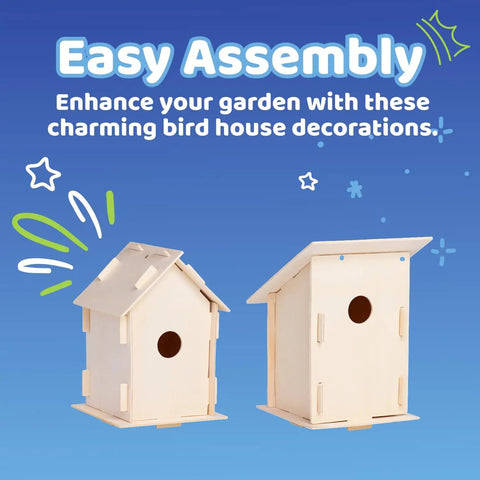 DIY Wooden Bird House Kit For Kids And Adults, Unfinished Birdhouses with two shapes displayed side by side against a blue background.