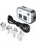 Travel Voltage Converter 220V To 110V With 4 USB Ports And Worldwide Plug Kit showcasing two outlets and multiple plug adapters.