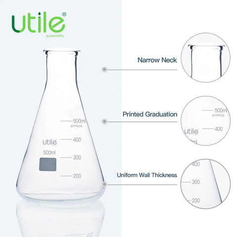 500 Milliliter Narrow Mouth Borosilicate Glass Grade 3 Point 3 Erlenmeyer Flask Set Six Pack Conical Lab Flasks With Printed Graduation For Lab Use Heavy Duty Glassware narrow-neck flask with 500 ml graduations