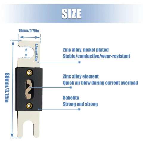 ANL Fuse Holder With 120 Amp Fuse And Nickel Plated Shell For 0 2 4 Awg Wires showing sizes and materials details including zinc alloy and Bakelite.