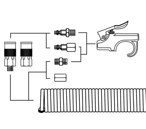 Diagram of Brass Air Hose Fittings One Quarter Inch Body Size M Type Plug NPT Female Threads Ten Piece Air Compressor Coupler Set