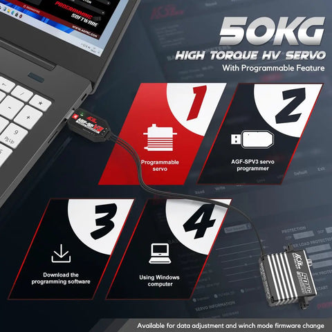 Programmable servo motor connection with AGF-SPV3 programmer for Badass Waterproof Brushless RC Servo Motor 50Kg.