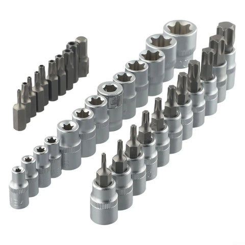 34 Piece Socket Set With Chrome Vanadium Star Sockets And E Security Bits For Auto Repair, 1/4 Inch And 3/8 Inch Drive Tool Kit