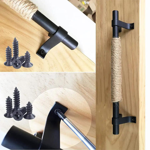 Wrought Iron Sliding Barn Door Handle Kit With Hemp Rope Accents For Cabinets And Doors, Old School European Antique Style Black Door Levers And Knobs, Plus Garage Door Pulls And Fence Gate Pulls, Built To Last, Easy Install