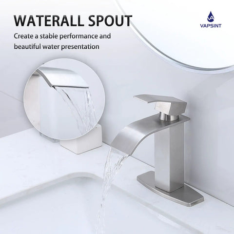 Single Handle Vessel Sink Faucet Matte Black With Wide Waterfall Spout One Hole Tall Vanity Mixer Tap For Bathroom Overflow Pop Up Drain Rust Resistant Finish Easy Install Contemporary Design showing waterfall spout
