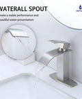 Waterfall spout of tall matte black vessel sink faucet with single lever handle for modern bathrooms in sleek design
