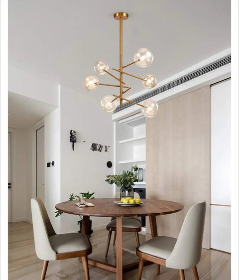 Modern Glass Pendant Lights Matte Gold Finish Six Or Eight Bulb Ceiling Fixtures Smooth Fit Install over dining table.