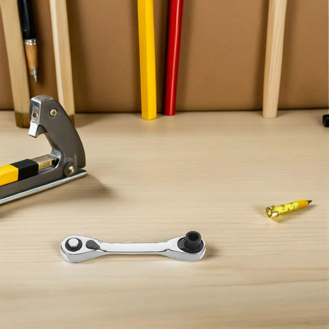 Heavy Duty Mini Ratchet Wrench 2 Pc Double Ended Socket Set Featuring A Smooth 72 Tooth Quick Release Drive on a workbench.