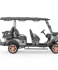 Battle Ready Six Seater Electric Shuttle Golf Cart Built Tough With A Rock Solid 48V 5Kw Motor Cruises At 25Mph Over 50 Miles Features a sleek grey body with three passenger seats.