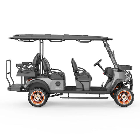 Battle Ready Six Seater Electric Shuttle Golf Cart Built Tough With A Rock Solid 48V 5Kw Motor Cruises At 25Mph Over 50 Miles Features a sleek grey body with three passenger seats.