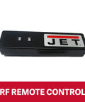 Jet RF remote control for precision woodworking tools with on and off buttons, black with red and white logo.