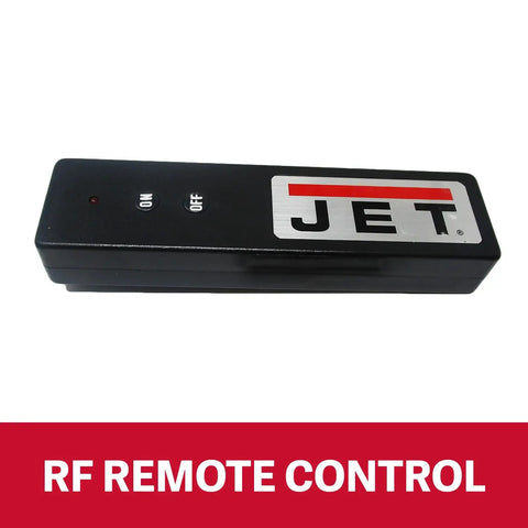 Jet RF remote control for precision woodworking tools with on and off buttons, black with red and white logo.