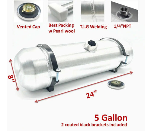 Aluminum Fuel Tank 5 Gallon For Cars And Hot Rods 8x24 Inch Center Fill One Quarter Inch NPT Outlet Gas Tank with brackets