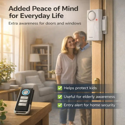 Wireless Remote Door And Window Alarm With Magnetic Sensor on door and key fob, ideal for gates, doors, pools, kids, and elder care