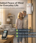 Senior couple by door in living room with Door Alarm System With Remote, Wireless Door Bell Chimes, Magnetic Security Sensor visible.