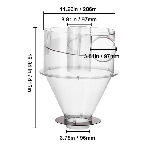 Top Shelf Cyclone Dust Separator With Slick Clear Lid And 4 Inch Adapter For Shop Vacuums Fits 5 To 10 Gallon Tanks, clear cone shape.