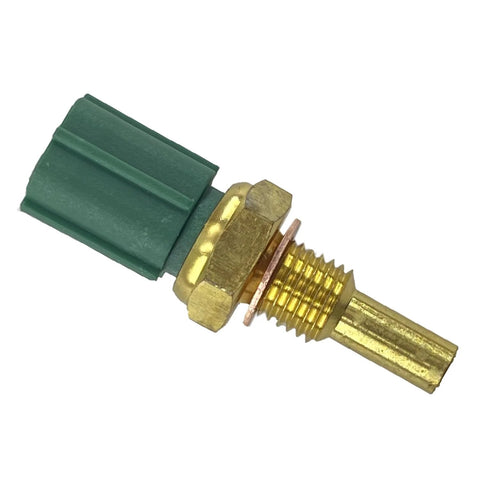 Engine coolant temperature sensor with brass threaded stem and green plastic connector, close-up
