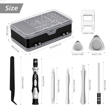 115 In 1 Precision Screwdriver Set With Micro Magnetic Bits For Electronics Repair, tools and black case with size specifications